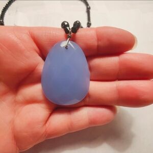 Blue Chalcedony Faceted Pendant Necklace – Black Beaded Chain 16-17 Inches